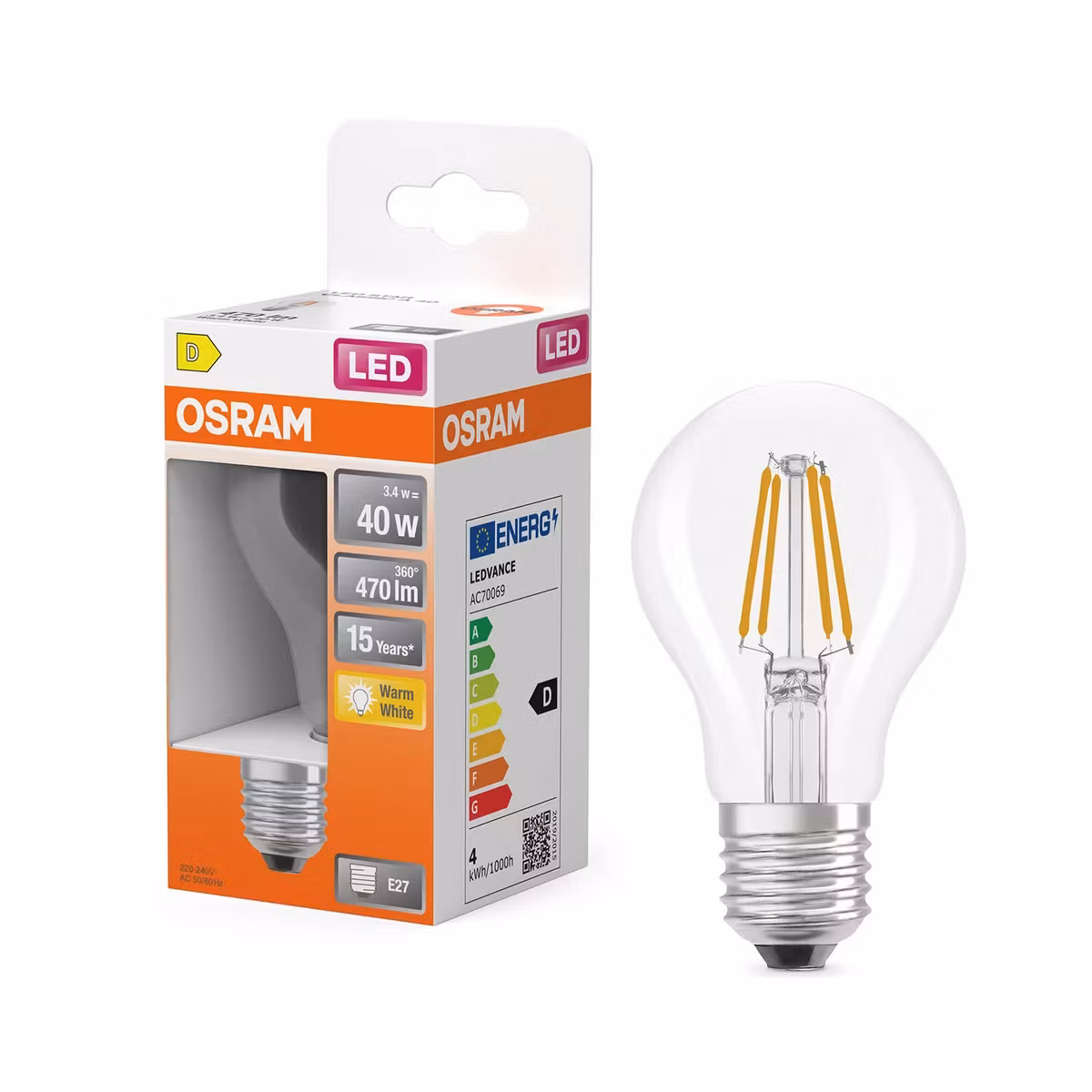 Lyspære LED Retrofit Classic A 3,4W 827 Clear E27