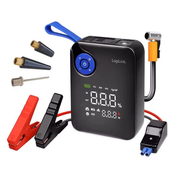 4-i-1 starthjelp, powerbank, kompressor og nødlys – 12 V / 7200 mAh, svart