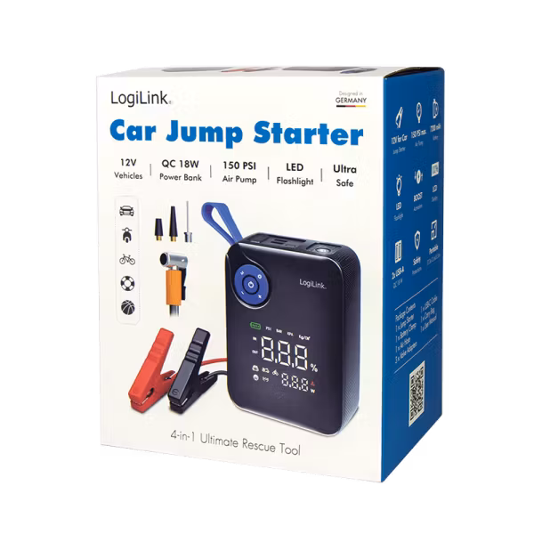 4-i-1 starthjelp, powerbank, kompressor og nødlys – 12 V / 7200 mAh, svart