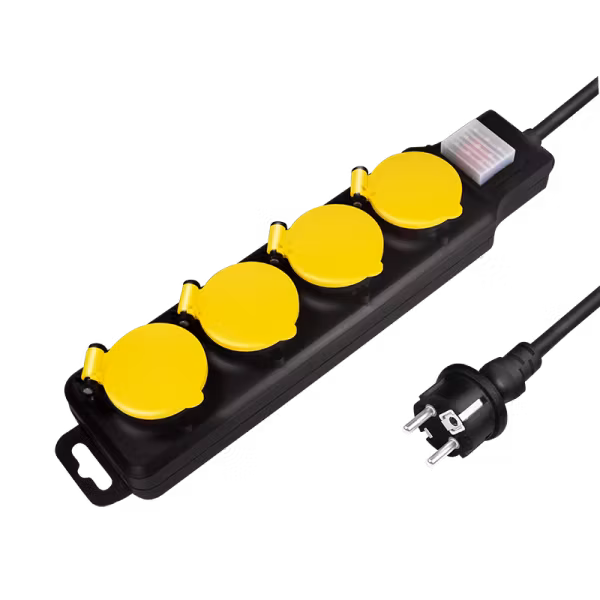 Støpseluttak 4-veis med bryter – 4× CEE 7/3, utendørs, 1,5 m, svart/gul