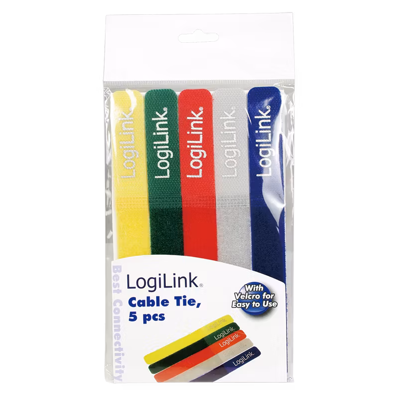 Kabelstrips med borrelås (Hook and Loop) – PA66, 5 stk., assorterte farger, 20×180 mm