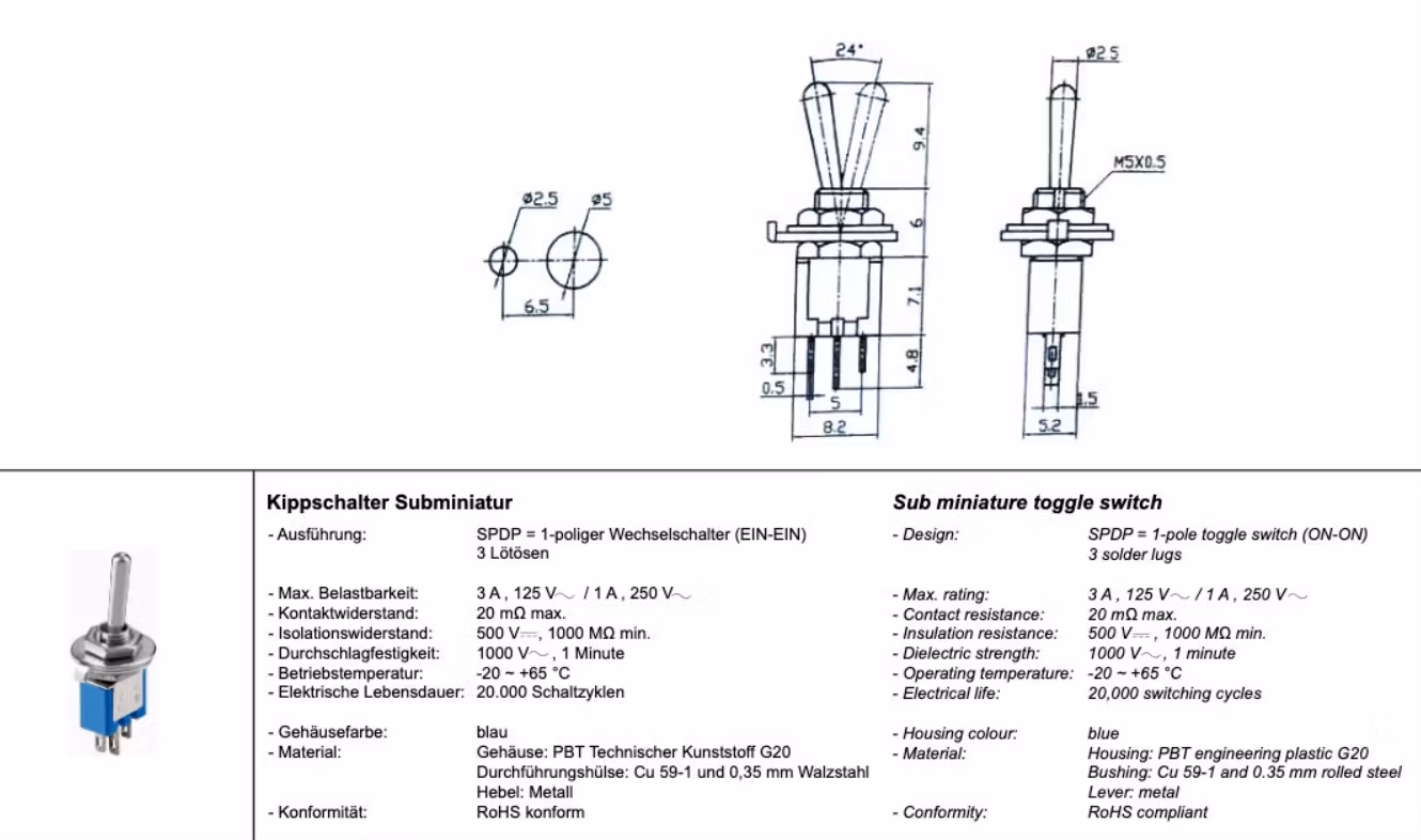 MS-244 Subminiatyr vippebryter, på-på, vekselbryter, 1 POL.