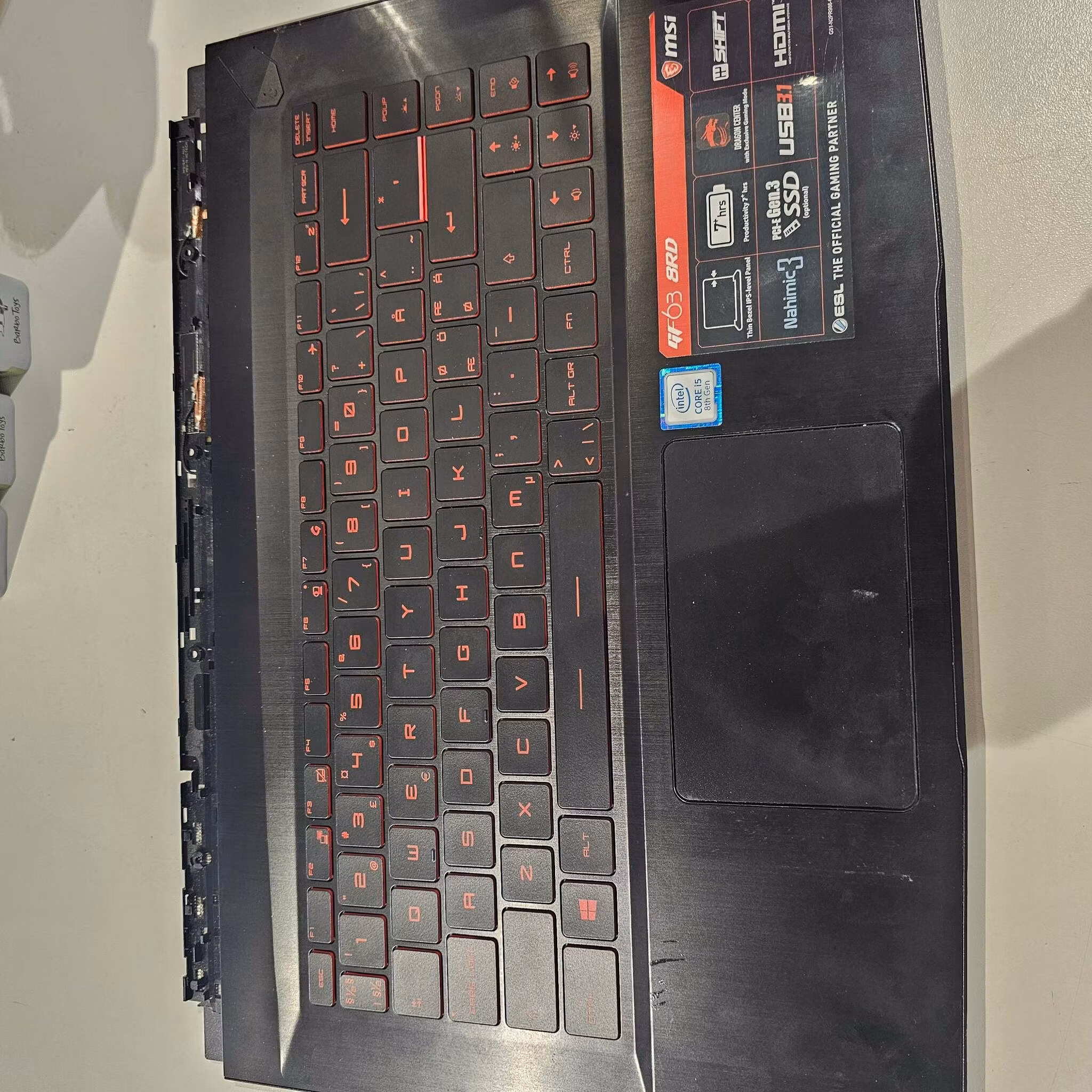 Defekt donor bærbar MSI GF63 8RD-472E / MS16R1 Hovedkort, topcover tastatur/bunncover/batteri