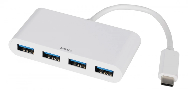 DELTACO USB 3.1 Gen 1-hub, USB-C hann til 4xUSB type A hunn, hvit