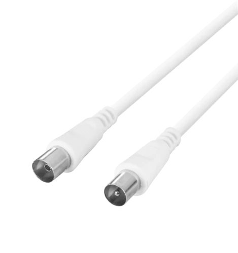 Antennekabel, 75 Ohm, ferrittkjerne, nikkelbelagte kontakter, 10 m, hvit