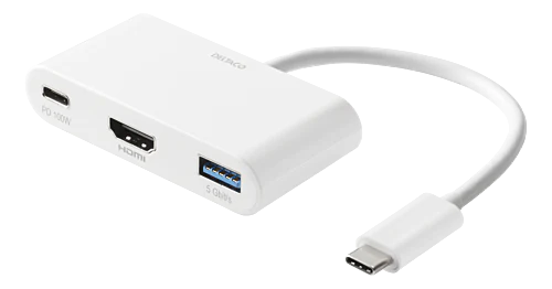USB-C til HDMI/USB-A adapter, 4K 30Hz, USB-C PD 3.0, 100 W, hvit