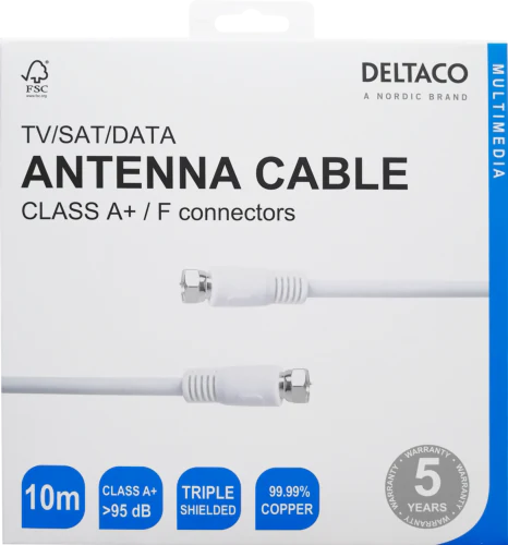 Antennekabel, F-kontakter, klasse A+, radio/TV/SAT/DATA, 10m, hvit