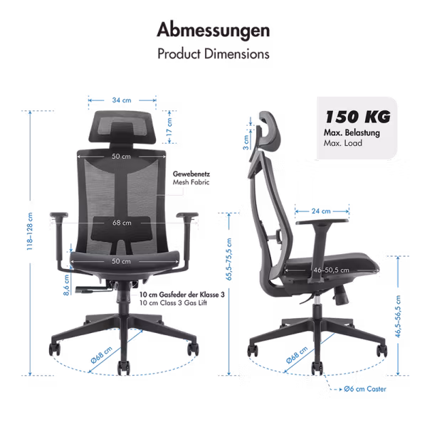 Ergonomisk kontorstol med høy nettingrygg, opptil 150 kg, svart