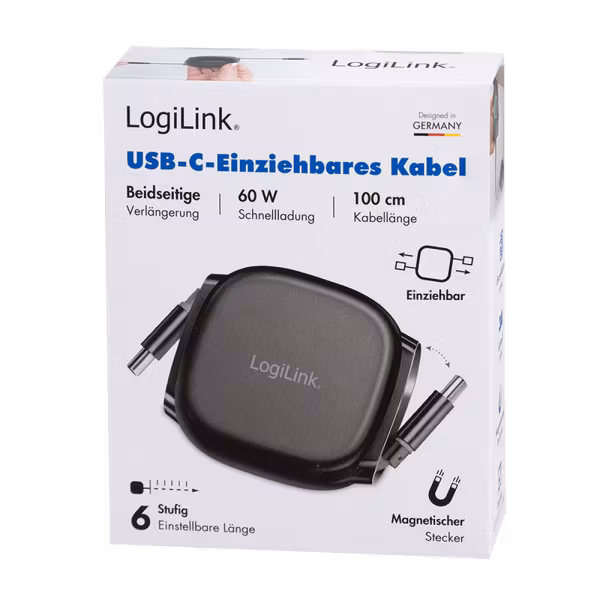 USB 2.0 Type-C kabel, C/M til C/M, uttrekkbar, 60W, 1 m, svart