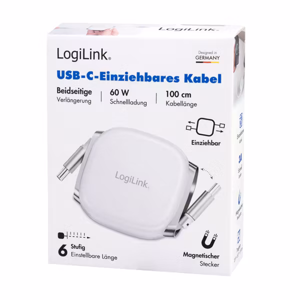 USB 2.0 Type-C kabel, C/M til C/M, uttrekkbar, 60W, 1m, hvit