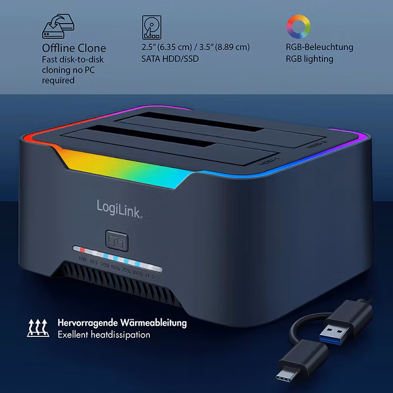 Dual docking station, 2 ports, USB-C 3.2 Gen 1, 2.5" and 3.5", offline clone, black