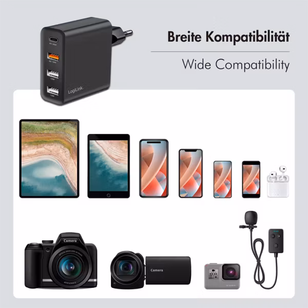 USB-A/C charger, 48 W, GaN, 4-port, 3x USB-A (QC), 1x USB-C (PD), Black