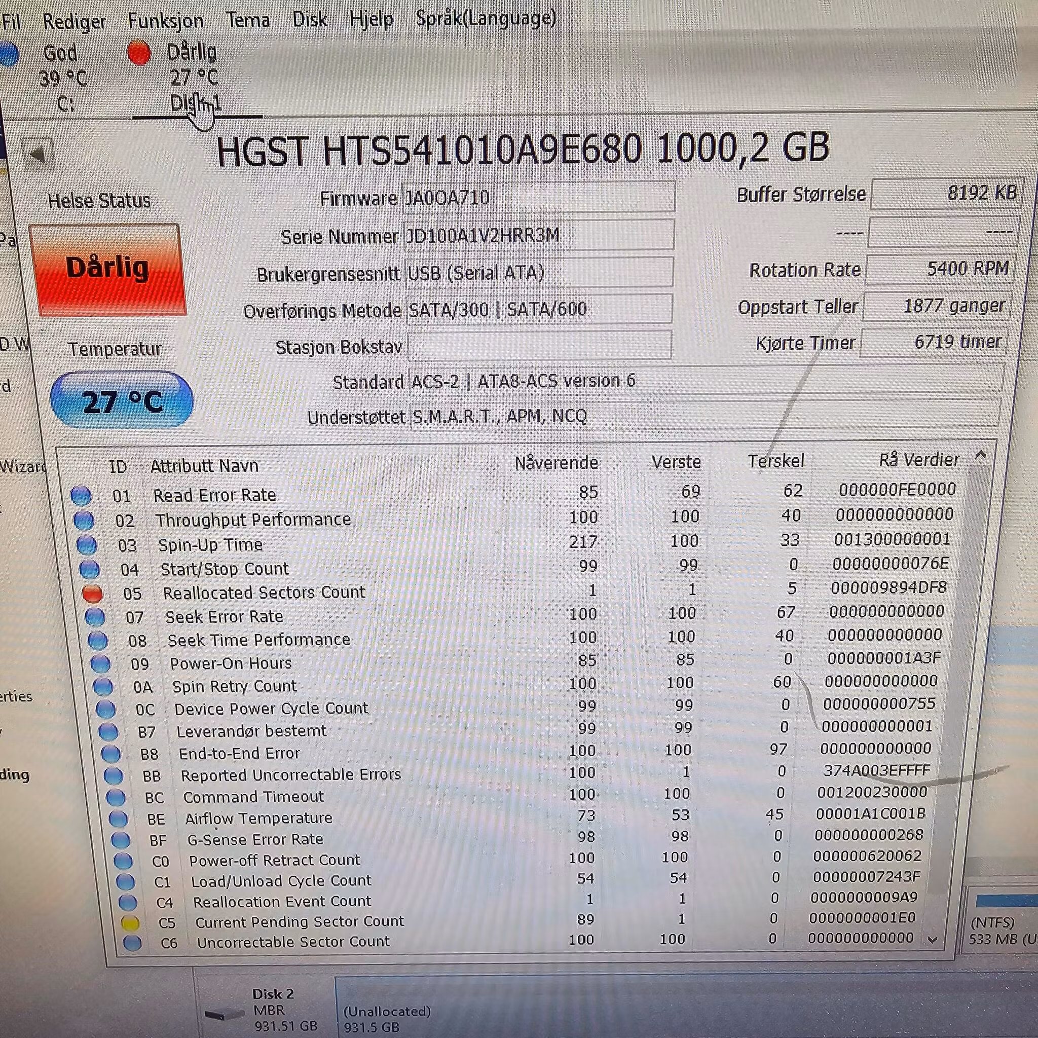 Defekt donordisk for reparasjoner - HGST 1TB SATA 7200rpm