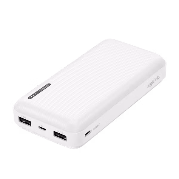 Powerbank 20 000 mAh med 2 × USB-A og USB-C, max. 10W (hvit)