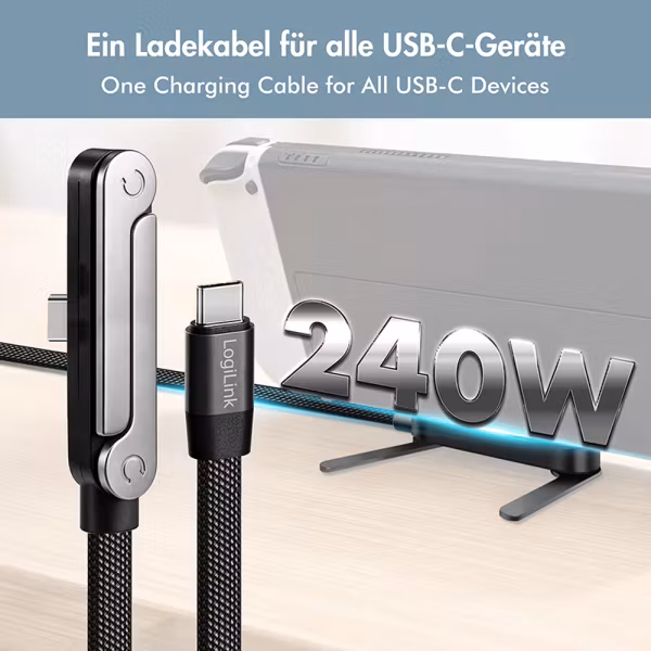 USB-C til USB-C kabel 240 W – flat kabel med integrert holder, 1,5 m