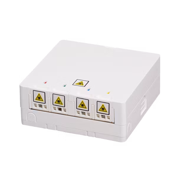 FTTH termineringsboks 4 porter, 80 × 80 mm, vegg eller DIN-rail mount