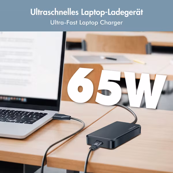 Slim universal USB-C lader med fast kabel, 65W (PD)