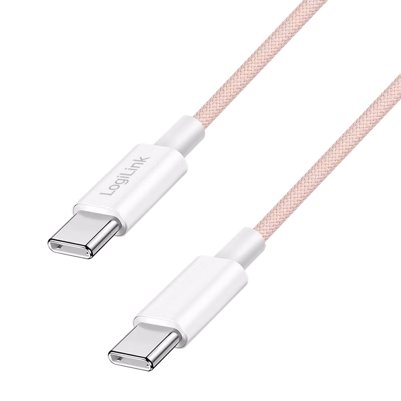 USB 2.0 Type-C-kabel, C/M til C/M, 480 Mbps, 60W, nylon, rosa, 1,5 m