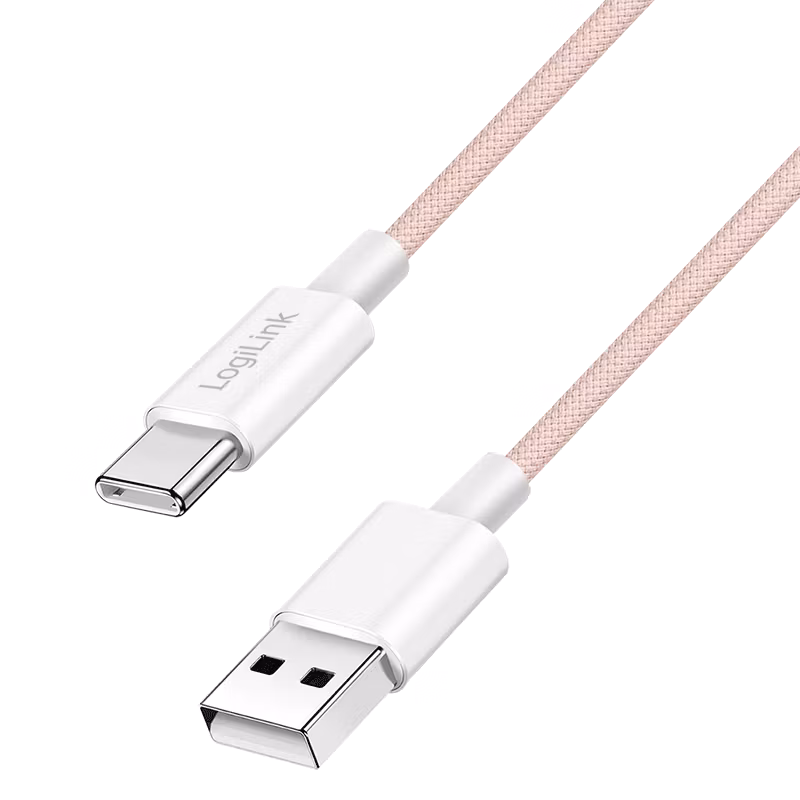 USB 2.0 Type-C-kabel, A/M til C/M, 480 Mbps, 60 W, nylon, rosa, 1,5 m