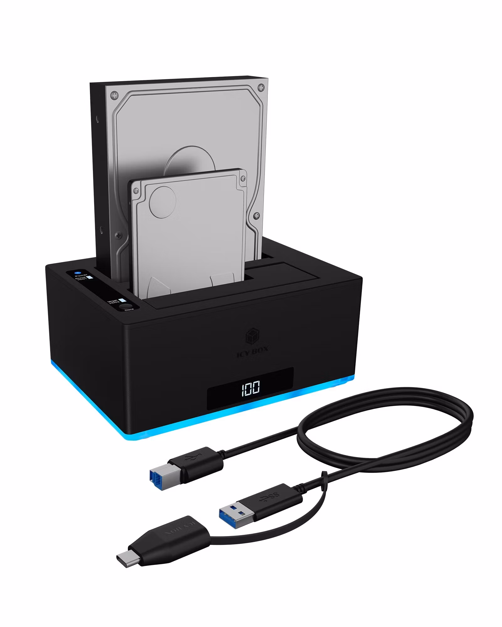 Dockingstasjon og klonestasjon for 2x HDD/SSD med USB 3.0 Type-A og Type-C og RGB-lys