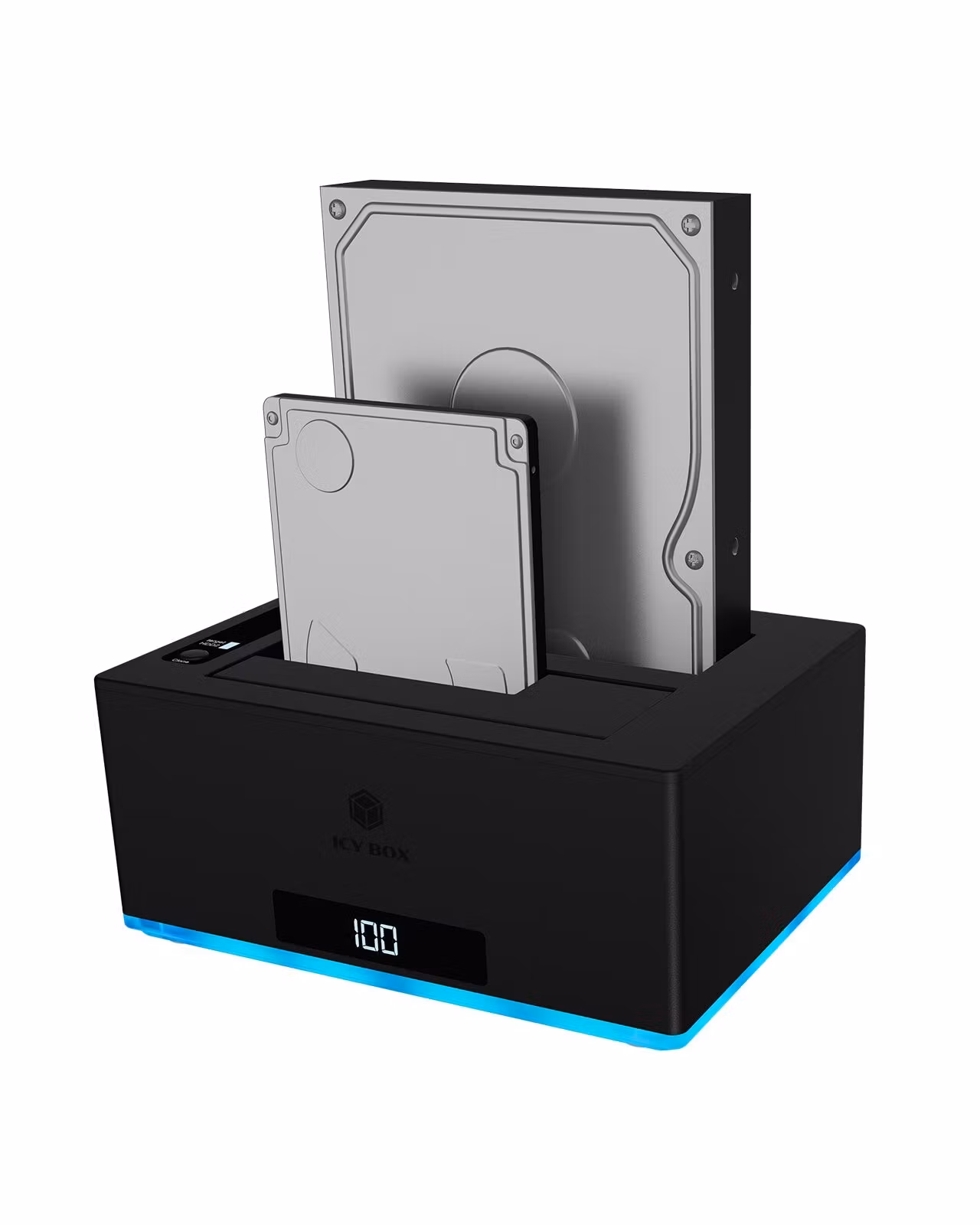 Dockingstasjon og klonestasjon for 2x HDD/SSD med USB 3.0 Type-A og Type-C og RGB-lys