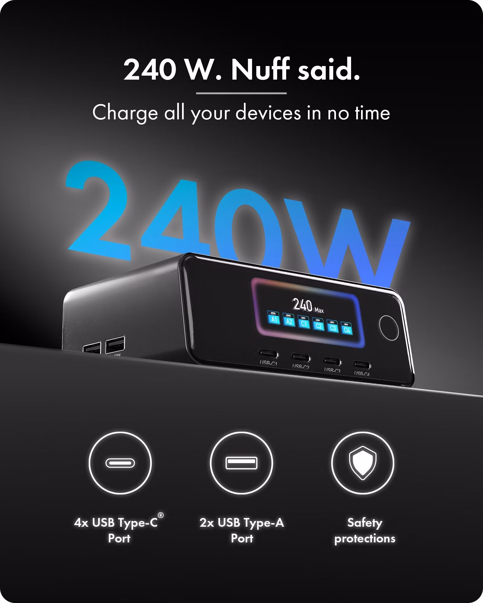 GaN-ladestasjon med LCD-TFT-skjerm og opptil 240 W