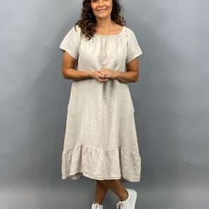 DEBBIE Volangklänning med fickor i linne, beige
