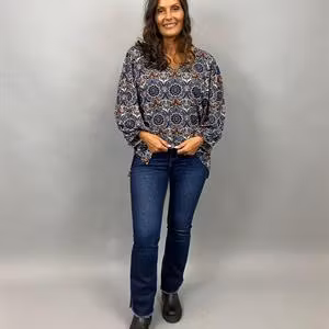 NALIA Blus med puffärm, mönstrad, blå, S/M, L/XL