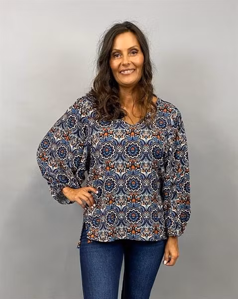 NALIA Blus med puffärm, mönstrad, blå, S/M, L/XL