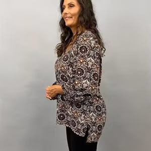 NALIA Blus med puffärm, mönstrad, brun, S/M, L/XL