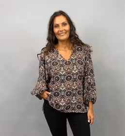 NALIA Blus med puffärm, mönstrad, brun, S/M, L/XL
