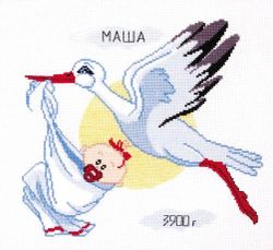 Broderikit. Födelsetavla. Stork som bär en Bebis