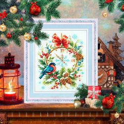 Broderikit Tavla Christmas Time Jul Domherre Klocka brodera korsstygn