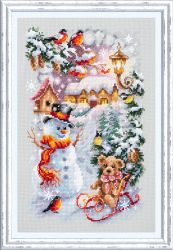 Broderikit Tavla Vinter Nalle Snögubbe Domherrar
