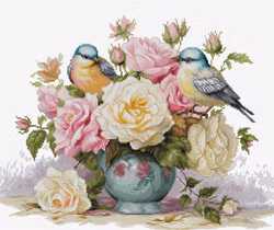 Broderikit Tavla Vas med rosor och fåglar