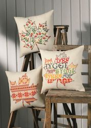 Broderikit Kudde Blad med text Hygge