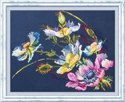 Broderikit Tavla Anemoner Bukett blommor brodera korstygn