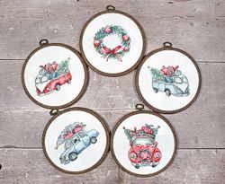 Broderikit Retro bilar Jul Julgran krans korsstygn