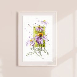 Broderikit Tavla Echinacea  Blommor Akvarell Brodera korsstygn