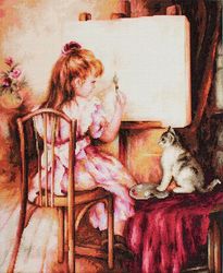 Broderikit Tavla Liten konstnär och kattunge
