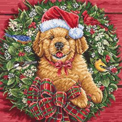 Broderikit Tavla Christmas Puppy Julkrans Valp med Julmössa