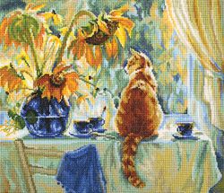 Broderikit Tavla Sunny Day Katt och Solrosor