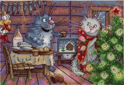 Broderikit Tavla Katter firar Jul  Roliga Djur