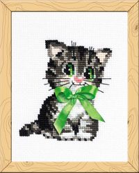 Broderikit Tavla För nybörjare Kattunge med grön rosett
