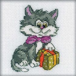 Broderikit Tavla Kattunge med en present
