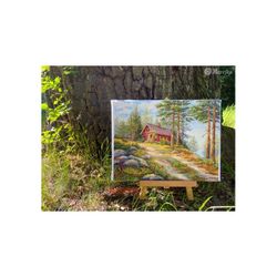 Broderikit Tavla Röd stuga i skogen