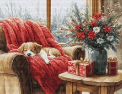 Broderikit Tavla Christmas Moment - Söt sovande valp