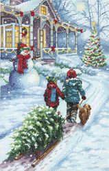 Broderikit Tavla Christmas Tradition - Barn och en julgran på en släde
