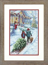 Broderikit Tavla Christmas Tradition - Barn och en julgran på en släde