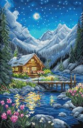 Broderikit Tavla Moonlit night - Stuga under moon ljus